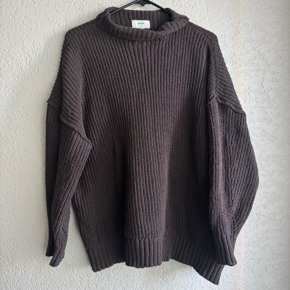 Aerie Brown Knitted Oversized Sweater Sweatshirt Size Small S Ribbed Turtleneck